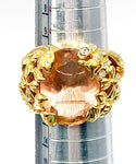 Fabulous Openwork Garden Cocktail Ring size 6.5 Butterfly Flowers Large Faceted Orange Pink Glass Stone Marked PD