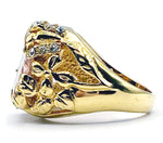 Fabulous Openwork Garden Cocktail Ring size 6.5 Butterfly Flowers Large Faceted Orange Pink Glass Stone Marked PD