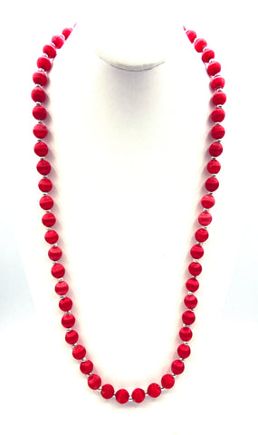 Cherry Red Silk Thread Bead and Silver Tone Bead Necklace