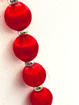 Cherry Red Silk Thread Bead and Silver Tone Bead Necklace