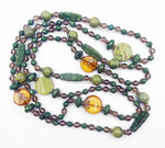 Intricate Super-Long Greeen and Orange Tribal Patterned Beaded Vintage Necklace