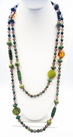 Intricate Super-Long Greeen and Orange Tribal Patterned Beaded Vintage Necklace