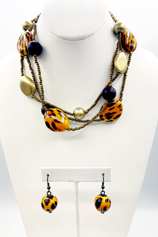 Bold Three-Strand Necklace and Earrings Set with Animal Print, Soft Gold Tone, Deep Brown and Tiny Copper tone Seed Beads