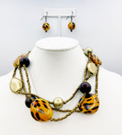 Bold Three-Strand Necklace and Earrings Set with Animal Print, Soft Gold Tone, Deep Brown and Tiny Copper tone Seed Beads