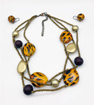 Bold Three-Strand Necklace and Earrings Set with Animal Print, Soft Gold Tone, Deep Brown and Tiny Copper tone Seed Beads