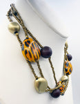 Bold Three-Strand Necklace and Earrings Set with Animal Print, Soft Gold Tone, Deep Brown and Tiny Copper tone Seed Beads