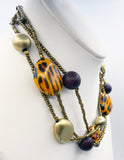 Bold Three-Strand Necklace and Earrings Set with Animal Print, Soft Gold Tone, Deep Brown and Tiny Copper tone Seed Beads