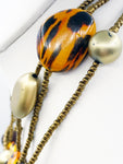 Bold Three-Strand Necklace and Earrings Set with Animal Print, Soft Gold Tone, Deep Brown and Tiny Copper tone Seed Beads