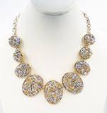 Textured Necklace with Oval Mounts with Faux Druzy of Faceted Metallic Cones and Yellow Beads