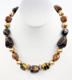 Earthy Tiger's Eye, Swirled Glass, Plastic and Golden Bead Necklace