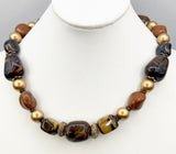 Earthy Tiger's Eye, Swirled Glass, Plastic and Golden Bead Necklace