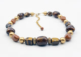 Earthy Tiger's Eye, Swirled Glass, Plastic and Golden Bead Necklace