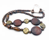 Earthy Wood Long Bead Necklace and Earrings Set with Abstract Pattern Beads NEW
