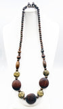 Earthy Wood Long Bead Necklace and Earrings Set with Abstract Pattern Beads NEW