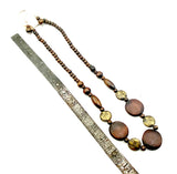 Earthy Wood Long Bead Necklace and Earrings Set with Abstract Pattern Beads NEW