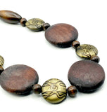 Earthy Wood Long Bead Necklace and Earrings Set with Abstract Pattern Beads NEW