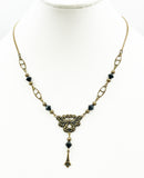 Delicate Victorian Style Drop Center Necklace of Gold Tone Metal and Shiny Black Beads