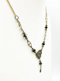 Delicate Victorian Style Drop Center Necklace of Gold Tone Metal and Shiny Black Beads