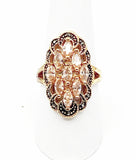 Stunning Peach Glass Stone Marcasite Travel Prom Wedding Big Statement Ring set in Gold Tone Metal