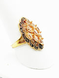 Stunning Peach Glass Stone Marcasite Travel Prom Wedding Big Statement Ring set in Gold Tone Metal