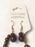 Earthy Wood Long Bead Necklace and Earrings Set with Abstract Pattern Beads NEW