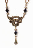 Delicate Victorian Style Drop Center Necklace of Gold Tone Metal and Shiny Black Beads