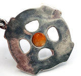 Cryptic Celtic Cross Pendant of Silver-Tone Metal with Faux Amber Cabochon Four-Petal Flower