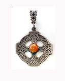 Cryptic Celtic Cross Pendant of Silver-Tone Metal with Faux Amber Cabochon Four-Petal Flower