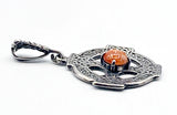 Cryptic Celtic Cross Pendant of Silver-Tone Metal with Faux Amber Cabochon Four-Petal Flower