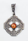 Cryptic Celtic Cross Pendant of Silver-Tone Metal with Faux Amber Cabochon Four-Petal Flower