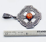 Cryptic Celtic Cross Pendant of Silver-Tone Metal with Faux Amber Cabochon Four-Petal Flower