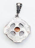 Cryptic Celtic Cross Pendant of Silver-Tone Metal with Faux Amber Cabochon Four-Petal Flower