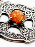 Cryptic Celtic Cross Pendant of Silver-Tone Metal with Faux Amber Cabochon Four-Petal Flower