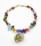 Fun Gold Accent Trichus Shell Pendant on Amethyst Tigers Eye Quartz and Glass Carnival Bead Necklace