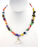 Fun Gold Accent Trichus Shell Pendant on Amethyst Tigers Eye Quartz and Glass Carnival Bead Necklace