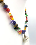 Fun Gold Accent Trichus Shell Pendant on Amethyst Tigers Eye Quartz and Glass Carnival Bead Necklace