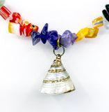 Fun Gold Accent Trichus Shell Pendant on Amethyst Tigers Eye Quartz and Glass Carnival Bead Necklace