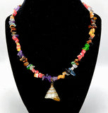 Fun Gold Accent Trichus Shell Pendant on Amethyst Tigers Eye Quartz and Glass Carnival Bead Necklace
