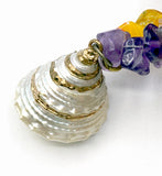 Fun Gold Accent Trichus Shell Pendant on Amethyst Tigers Eye Quartz and Glass Carnival Bead Necklace