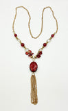 Swinging Super Long Gold Tone Chain and Maroon Beads Necklace