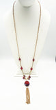 Swinging Super Long Gold Tone Chain and Maroon Beads Necklace