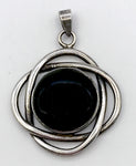 Mystical Pendant of Silver-tone Metal Ovals with a Black Enamel Cabochon Disc