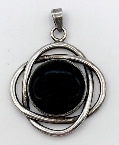 Mystical Pendant of Silver-tone Metal Ovals with a Black Enamel Cabochon Disc