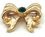 Fun Heavy Gold Bow Brooch Pin with Green Glass and Faux Pearl Accents