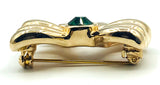 Fun Heavy Gold Bow Brooch Pin with Green Glass and Faux Pearl Accents