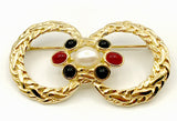 Braided Figure-Eight Infinity Pin Brooch with Faux Pearl, Black and Red Cabochons