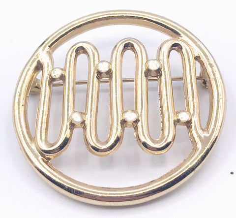 Interesting Openwork Circle Vintage Brooch with Curving Line and Dots Pin Gold-Tone