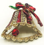 Cheerful Red Enamel Rhinestone Bell Pin Brooch Openwork and Holly Leaves