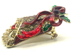 Cheerful Red Enamel Rhinestone Bell Pin Brooch Openwork and Holly Leaves