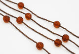 Long Necklace of Cut Glass Amber Beads & Copper-Tone Seed Beads